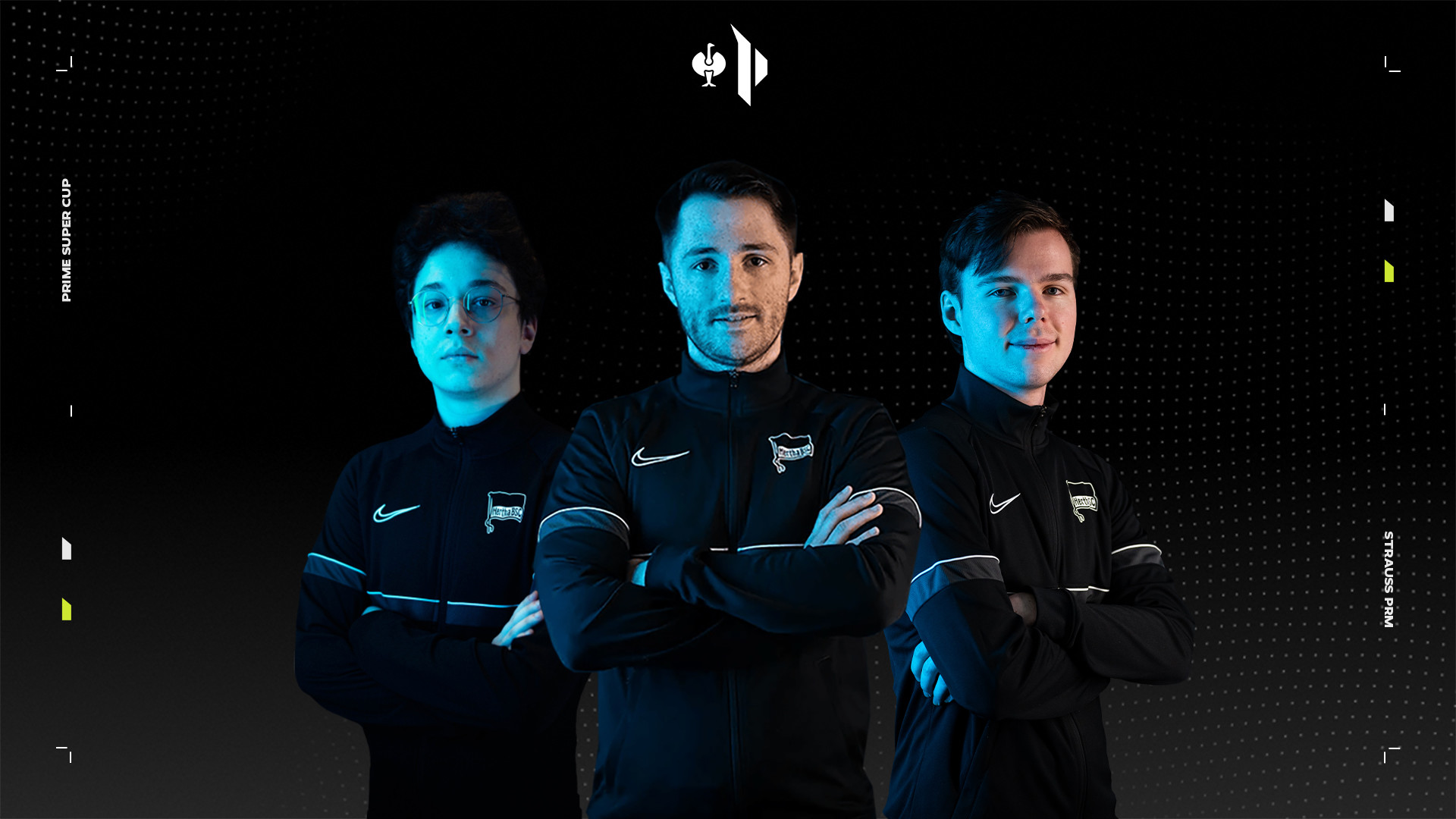 Das Bild zeigt Herthas Bot-Lane-Duo Coldraa und Nio sowie Coach StormFury.