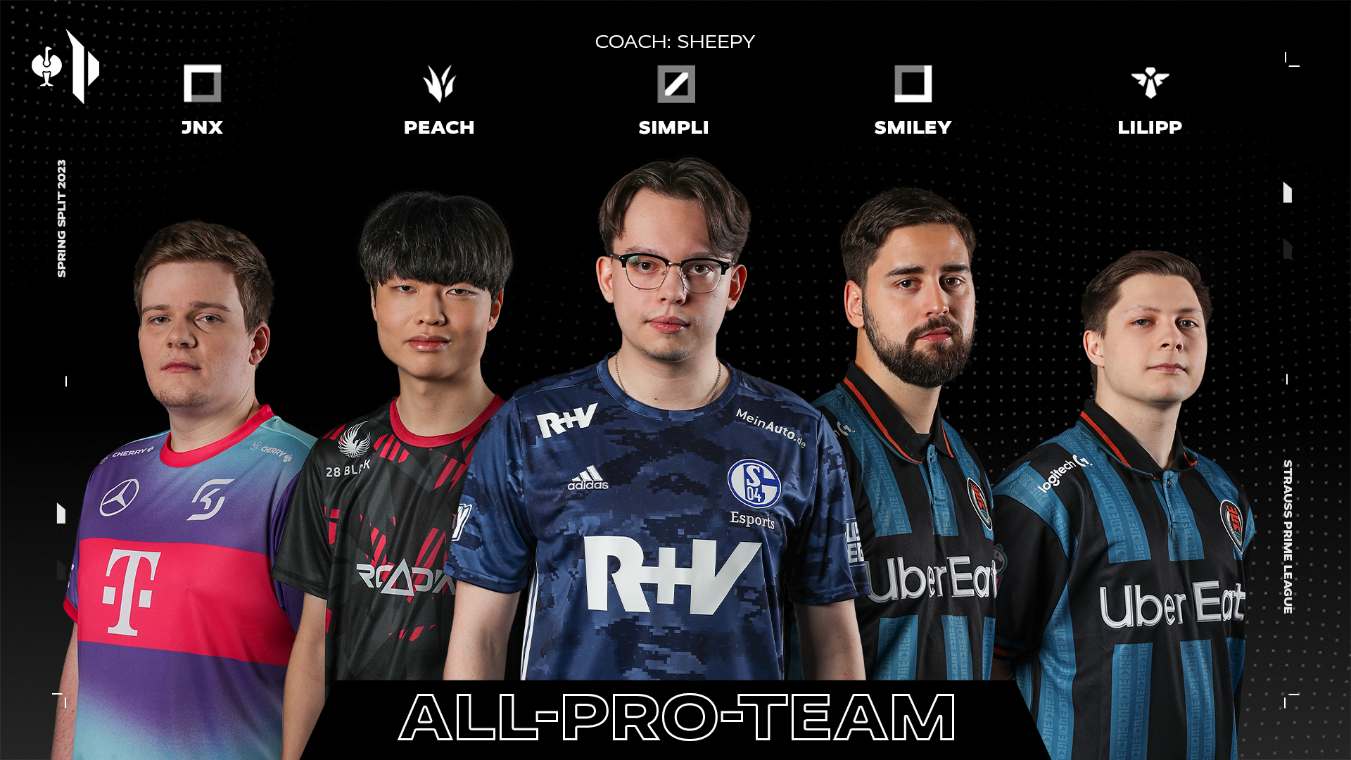 Das All Pro Team der Prime League Spring 2023 bestehend aus JNX, Peach, Simpli, Smiley und Lilipp.